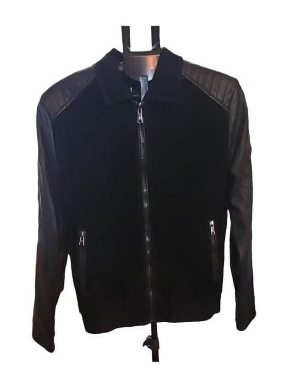 Fried Denim Black Suede And Faux Leather Bomber Jacket
